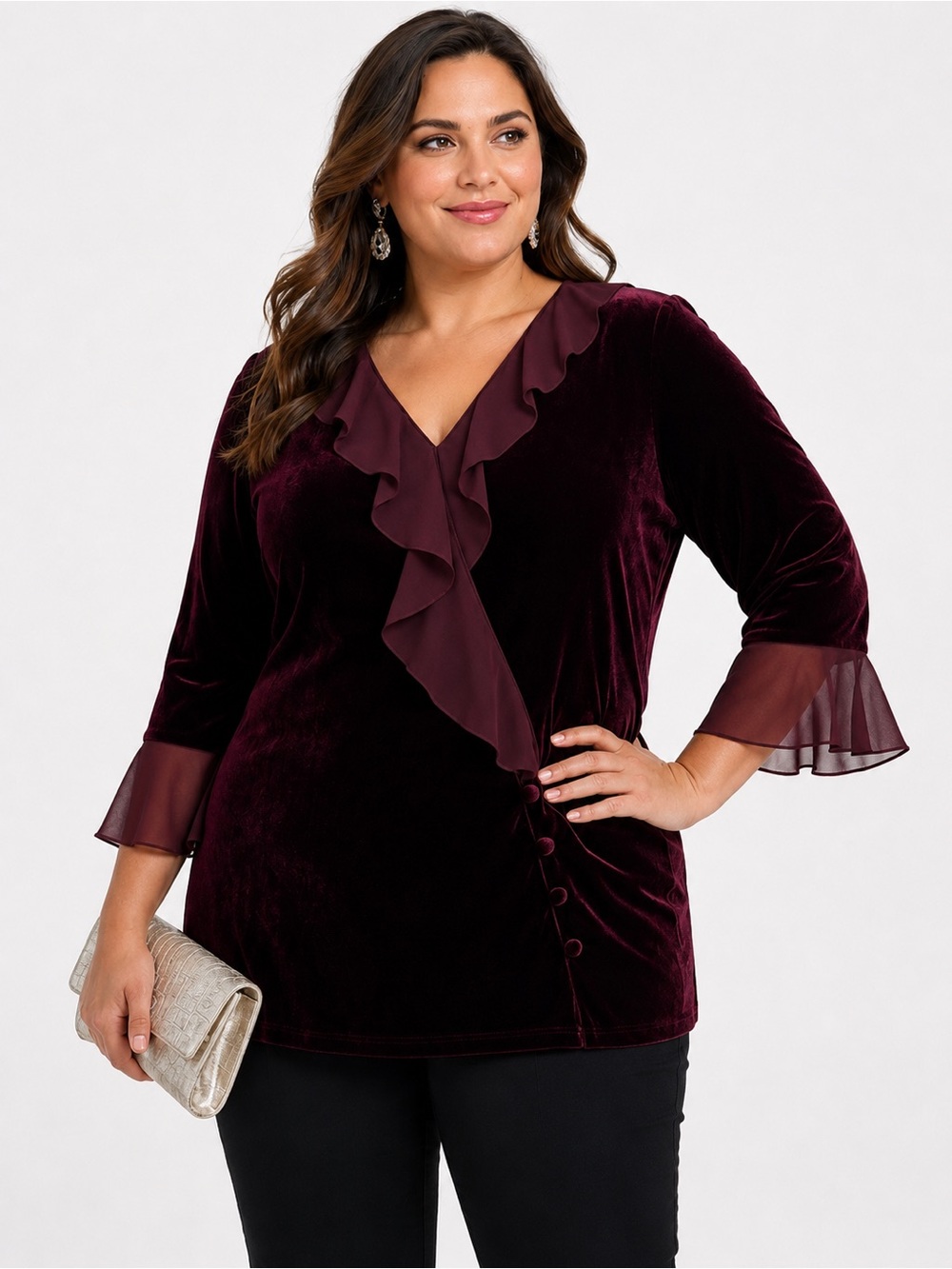 Alex Evenings 2X Burgundy Velvet Ruffle Blouse Sheer Cuffs Plus Size